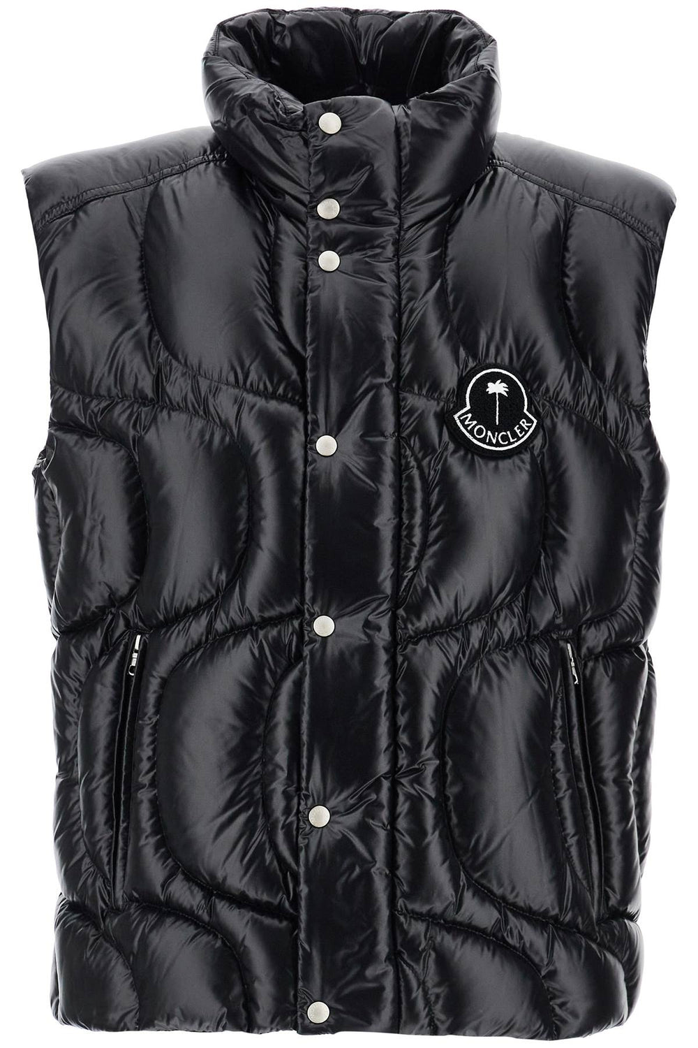 Moncler X Palm Angels Black Padded Gilet In Polyamide With High Collar And Zip Pockets