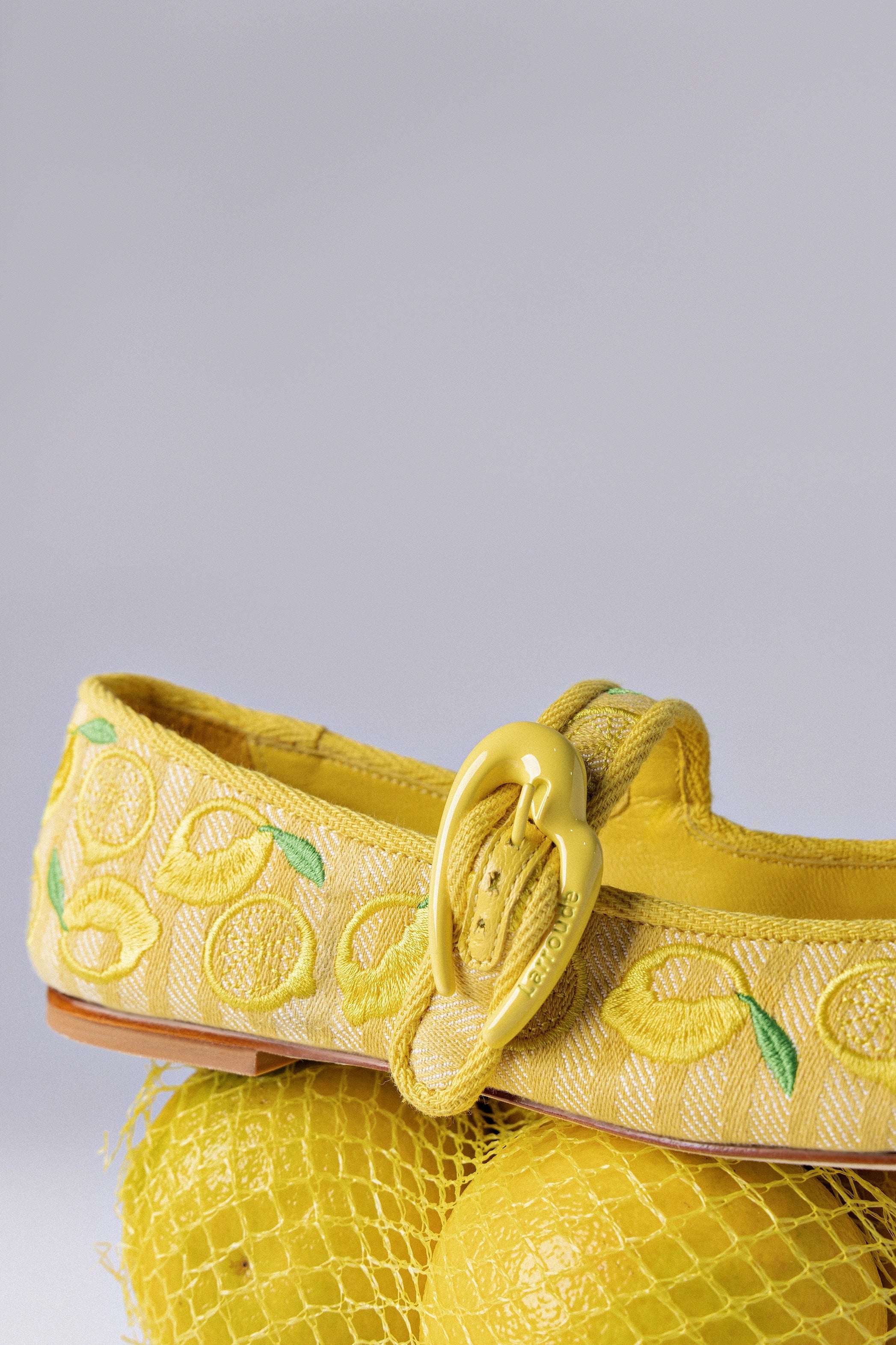 Larroude Verona Ballet Flat In Sunrise Striped Fabric And Sicilian Lemon Embroidery