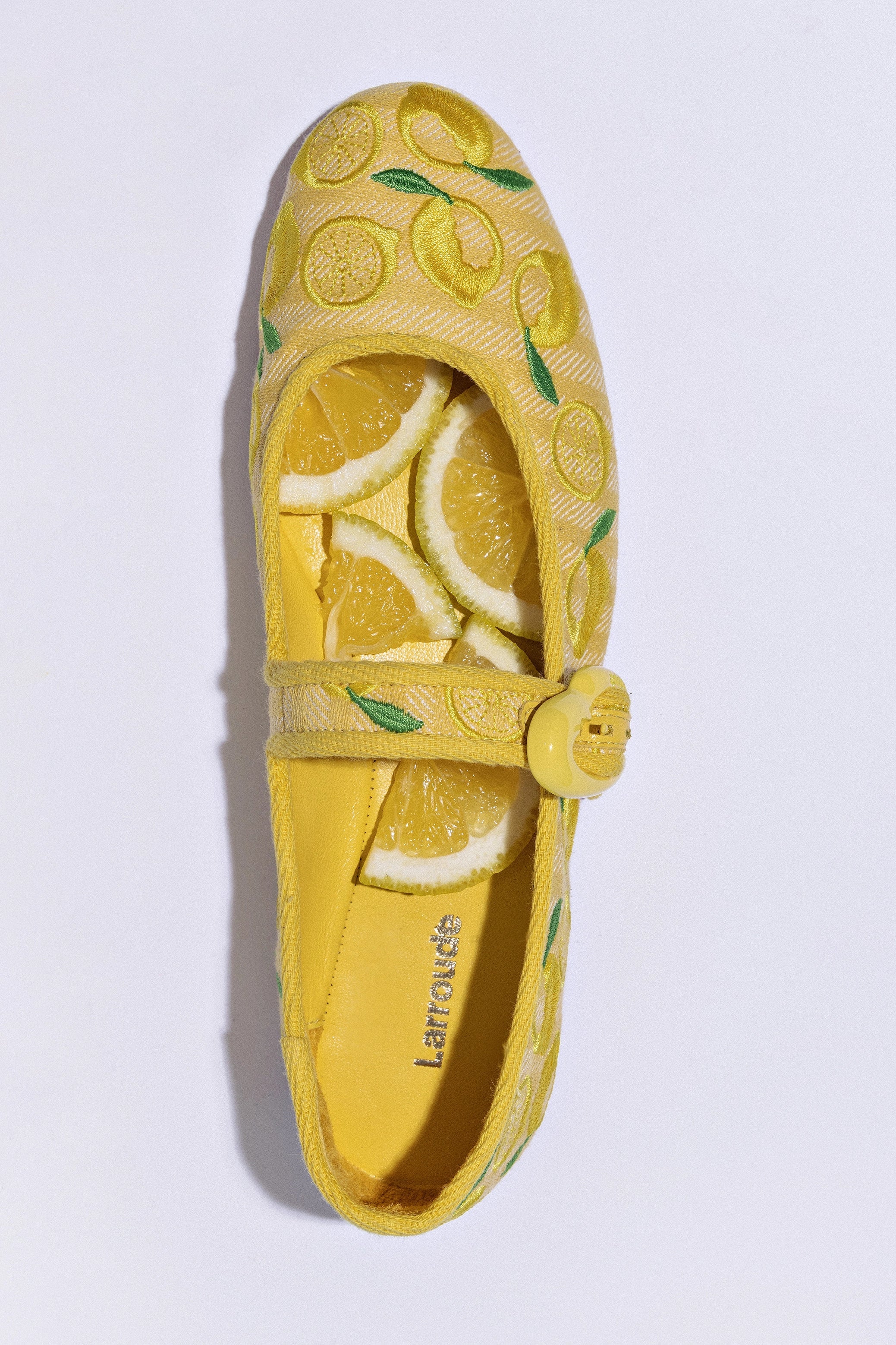 Larroude Verona Ballet Flat In Sunrise Striped Fabric And Sicilian Lemon Embroidery