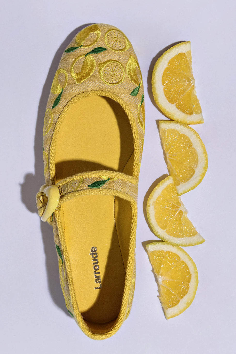 Larroude Verona Ballet Flat In Sunrise Striped Fabric And Sicilian Lemon Embroidery
