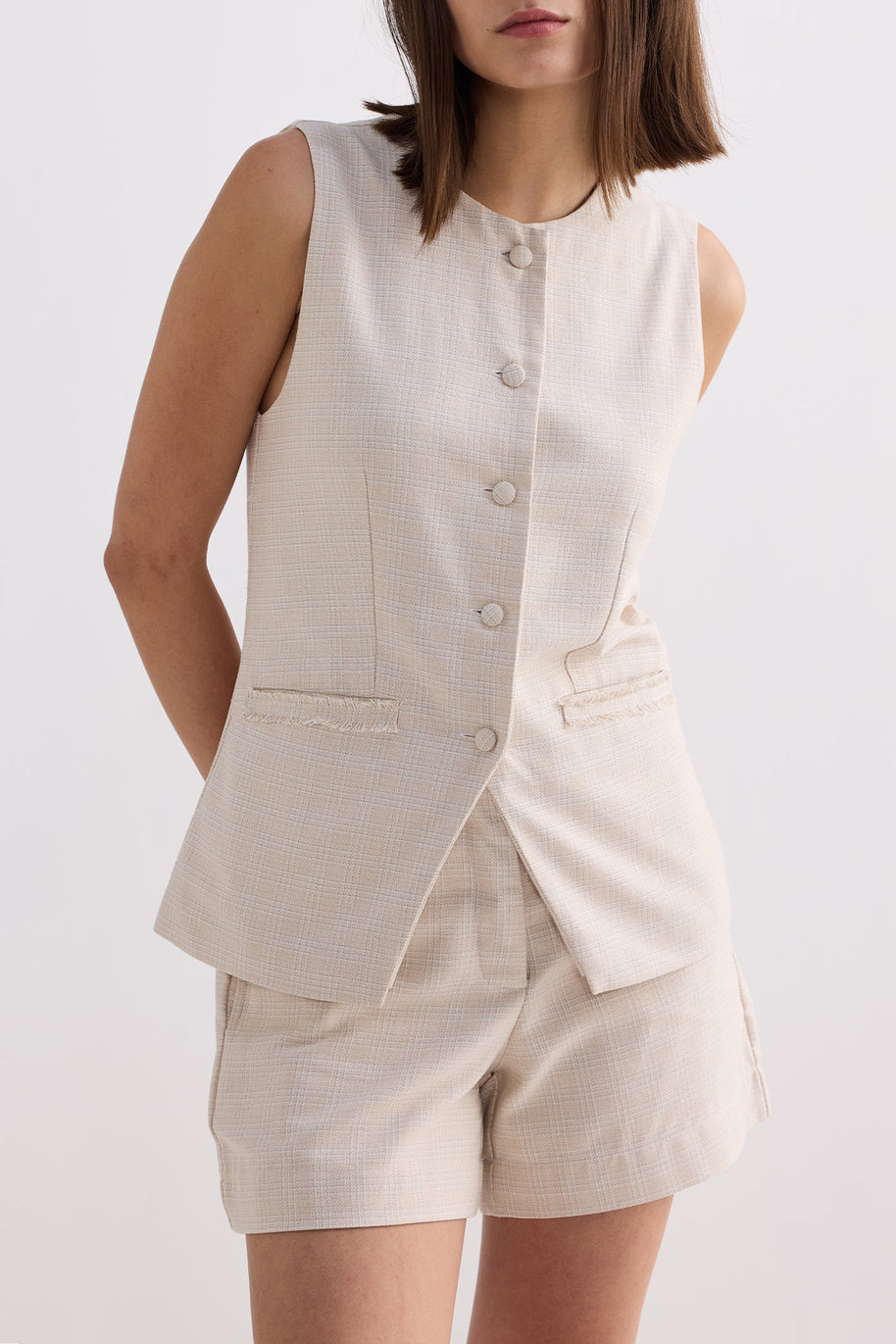 Reistor Cotton Tweed Vest Jacket Set In Cream