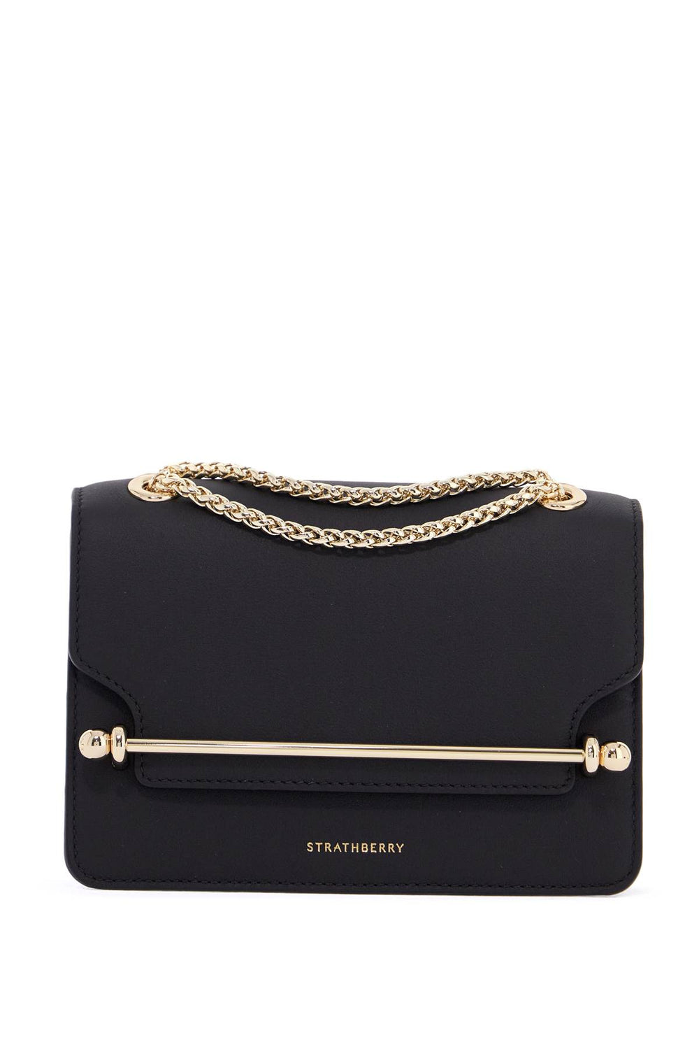 Strathberry Black East/West Mini Calfskin Shoulder Bag With Gold Chain Strap