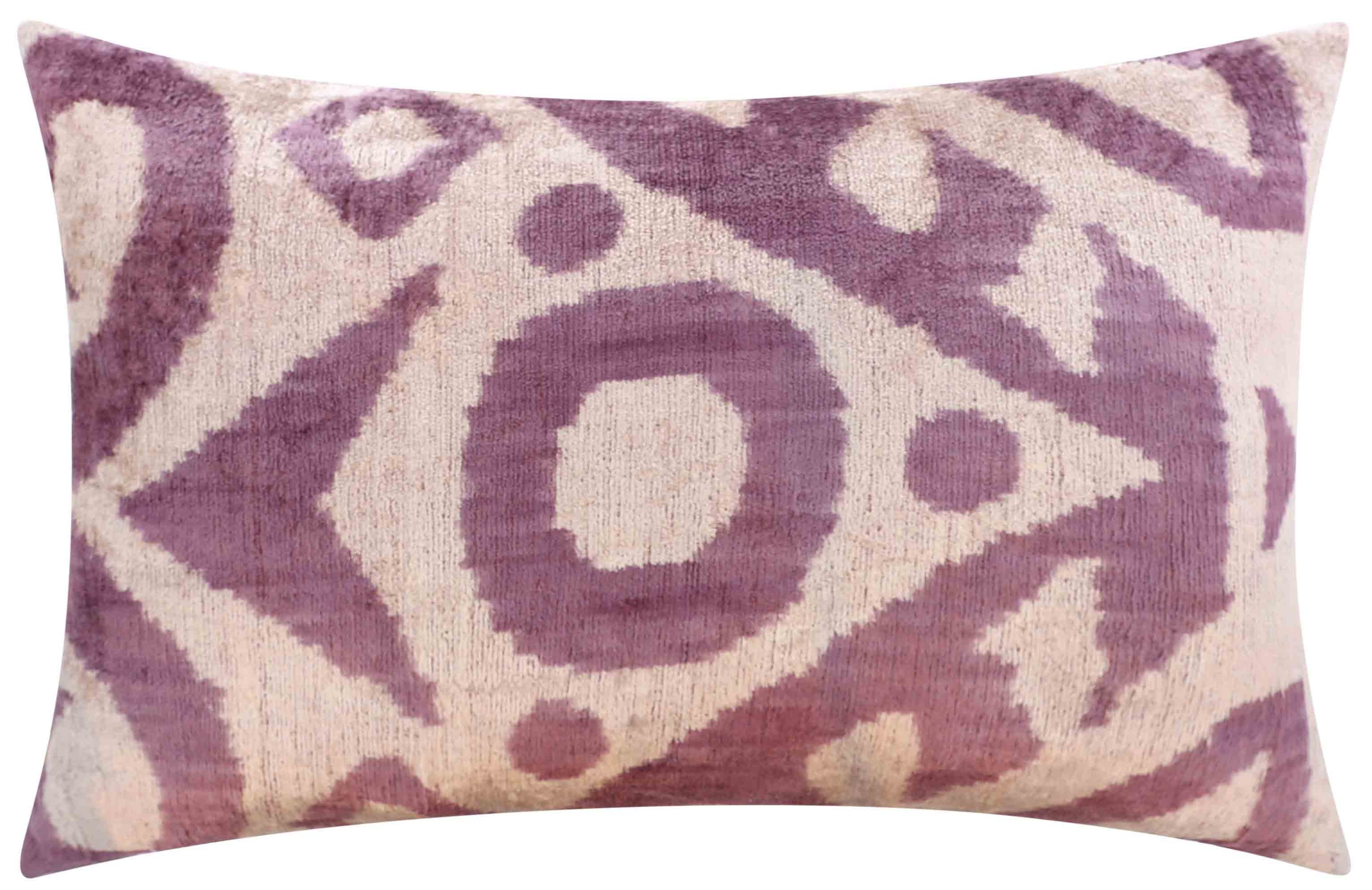 Handmade Ikat Silk Velvet Throw Pillow - 16x24, Lavender And Cream Luxury Cushion With Down Feather Insert