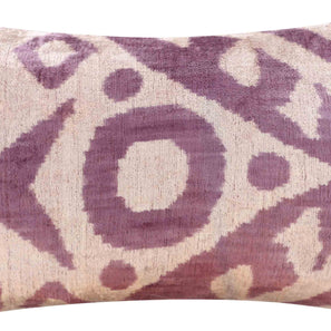 Handmade Ikat Silk Velvet Throw Pillow - 16x24, Lavender And Cream Luxury Cushion With Down Feather Insert