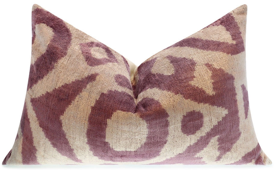 Handmade Ikat Silk Velvet Throw Pillow - 16x24, Lavender And Cream Luxury Cushion With Down Feather Insert