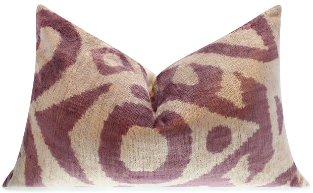 Handmade Ikat Silk Velvet Throw Pillow - 16x24, Lavender And Cream Luxury Cushion With Down Feather Insert