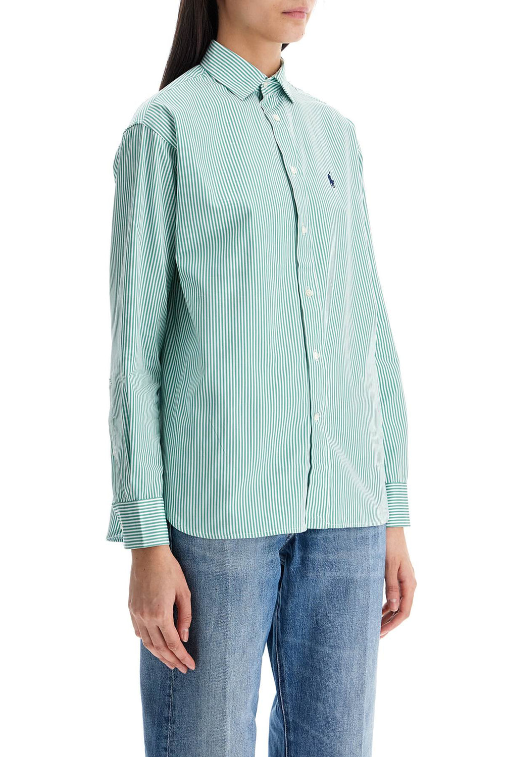 Polo Ralph Lauren Women's Slim Fit Green And White Striped Shirt