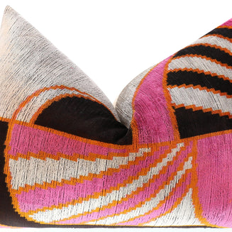 Handmade Geometric Silk Velvet Throw Pillow - 16x24, Pink And Orange Modern Design With Down Feather Insert