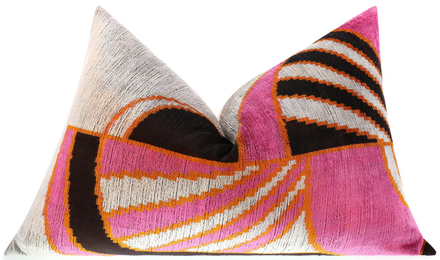 Handmade Geometric Silk Velvet Throw Pillow - 16x24, Pink And Orange Modern Design With Down Feather Insert