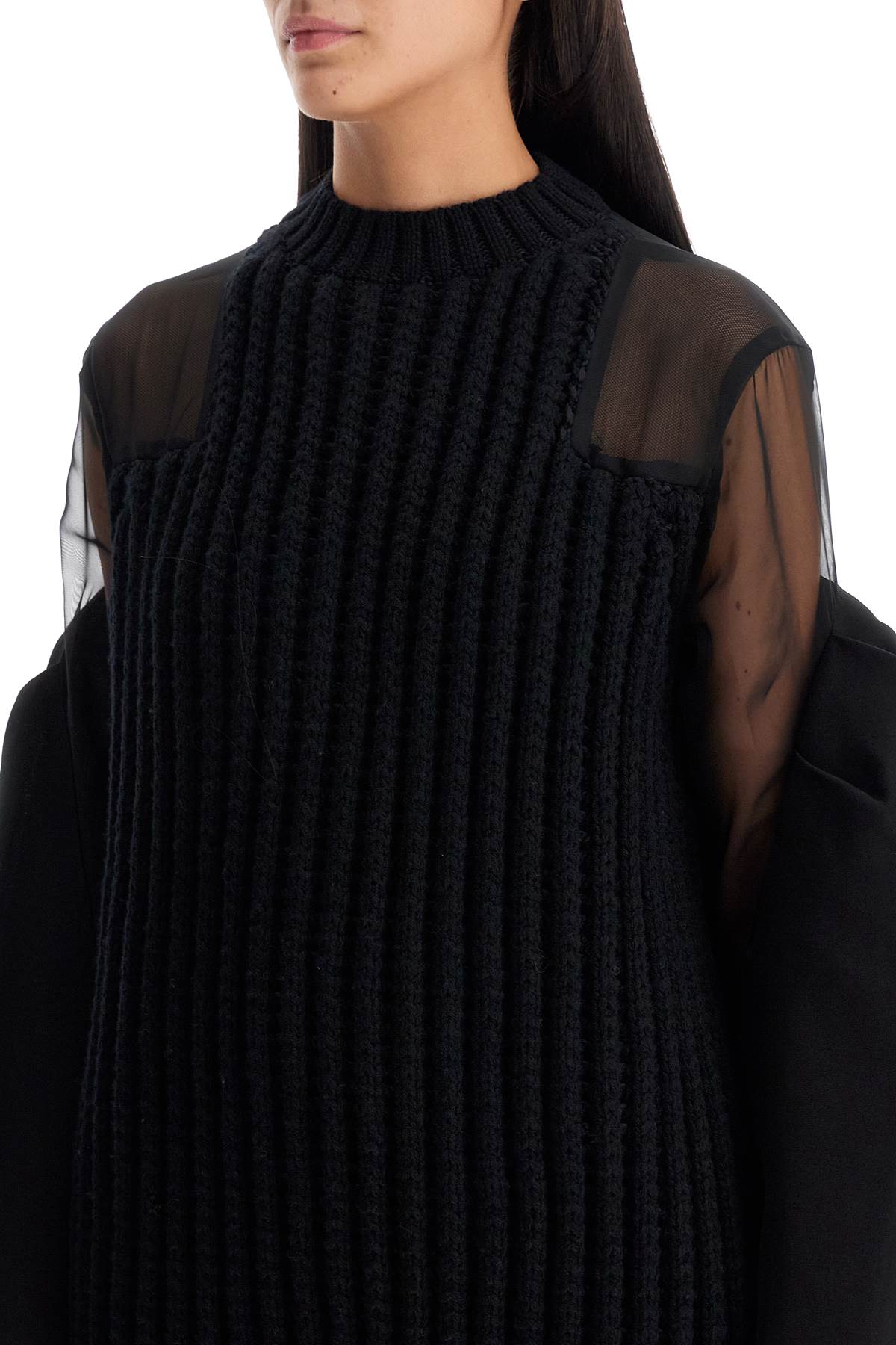 Sacai Ribbed Knit-Chiffon Mini Dress