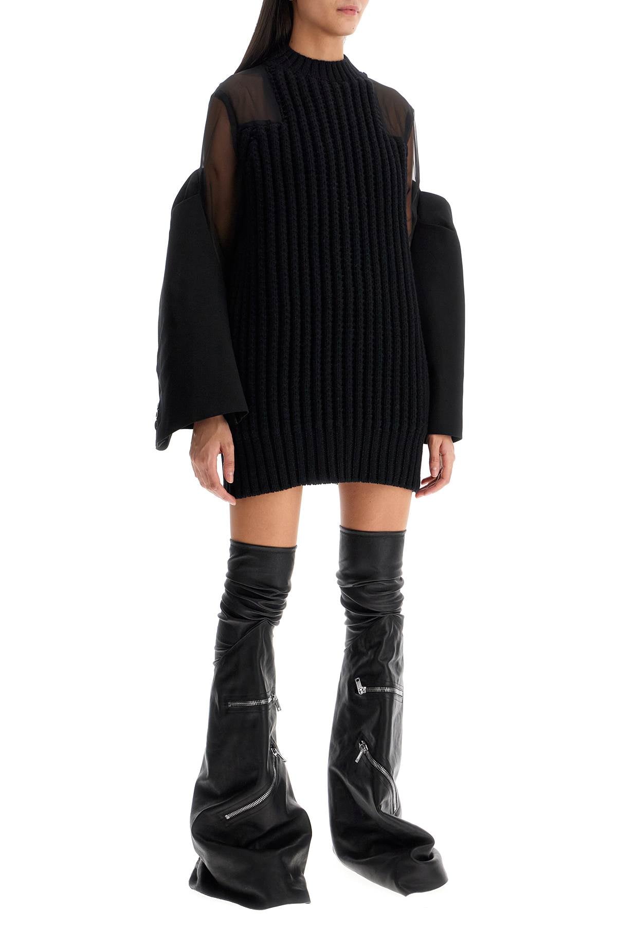 Sacai Ribbed Knit-Chiffon Mini Dress