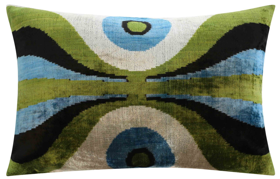 Handmade Retro Geometric Silk Velvet Throw Pillow - 16x24, Green And Blue With Down Feather Insert