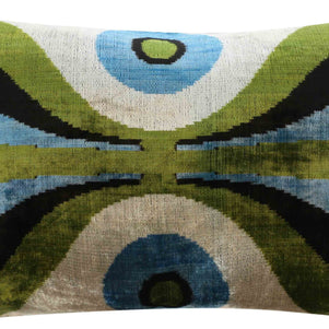 Handmade Retro Geometric Silk Velvet Throw Pillow - 16x24, Green And Blue With Down Feather Insert