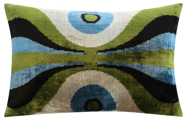 Handmade Retro Geometric Silk Velvet Throw Pillow - 16x24, Green And Blue With Down Feather Insert