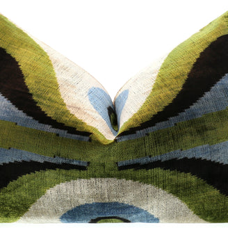 Handmade Retro Geometric Silk Velvet Throw Pillow - 16x24, Green And Blue With Down Feather Insert