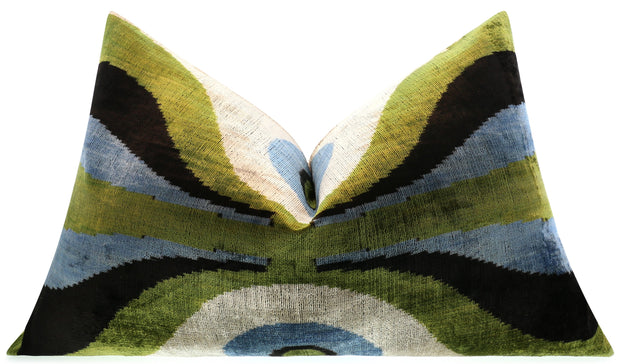 Handmade Retro Geometric Silk Velvet Throw Pillow - 16x24, Green And Blue With Down Feather Insert