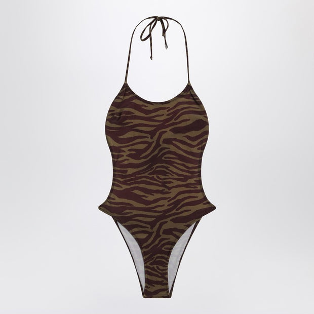 The Attico Zebra One-piece Swimsuit In Khaki/brown