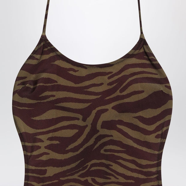The Attico Zebra One-piece Swimsuit In Khaki/brown