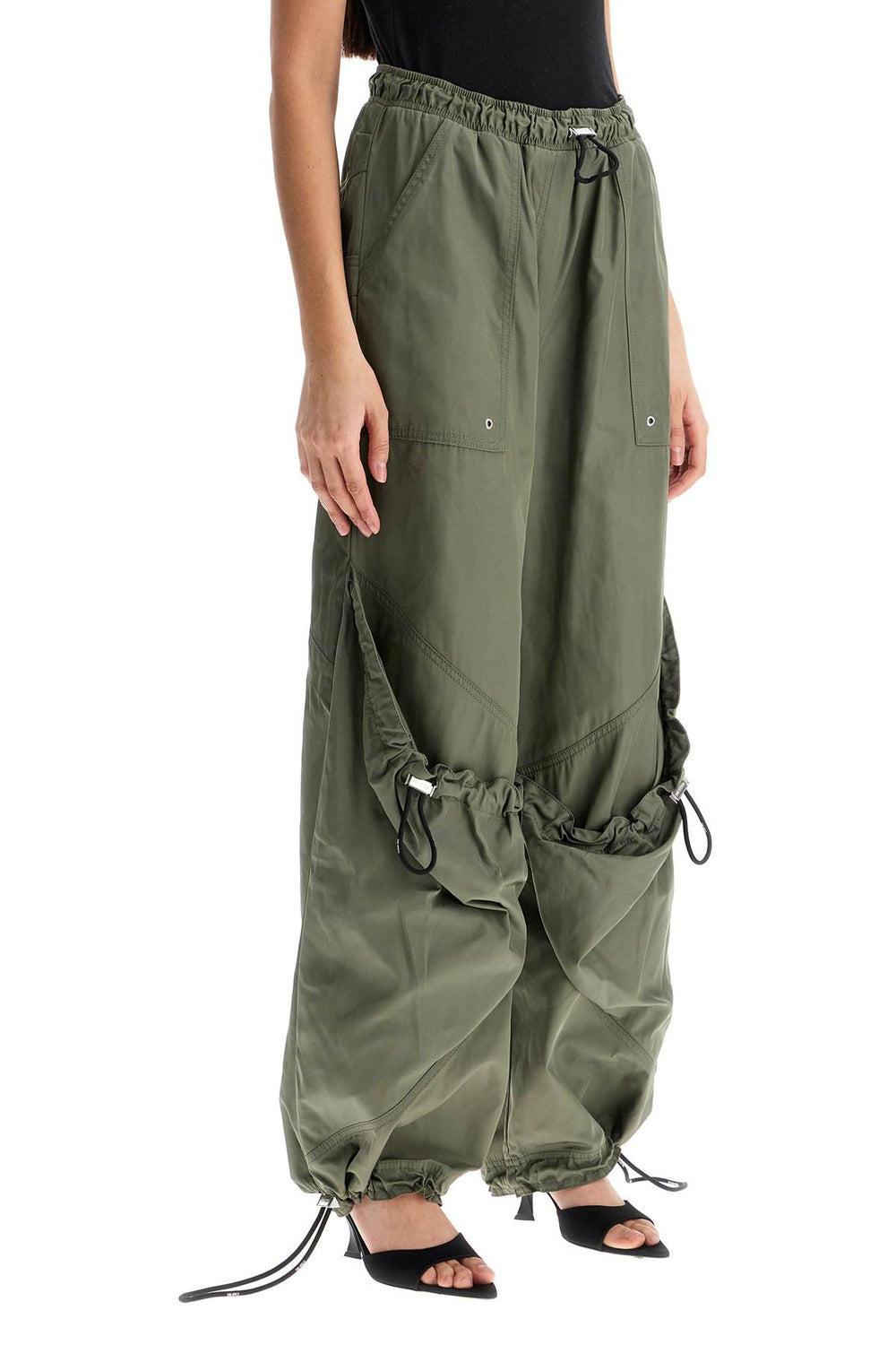 The Attico Wide Leg High-waisted Pants With Adjustable Elastic In Military Green