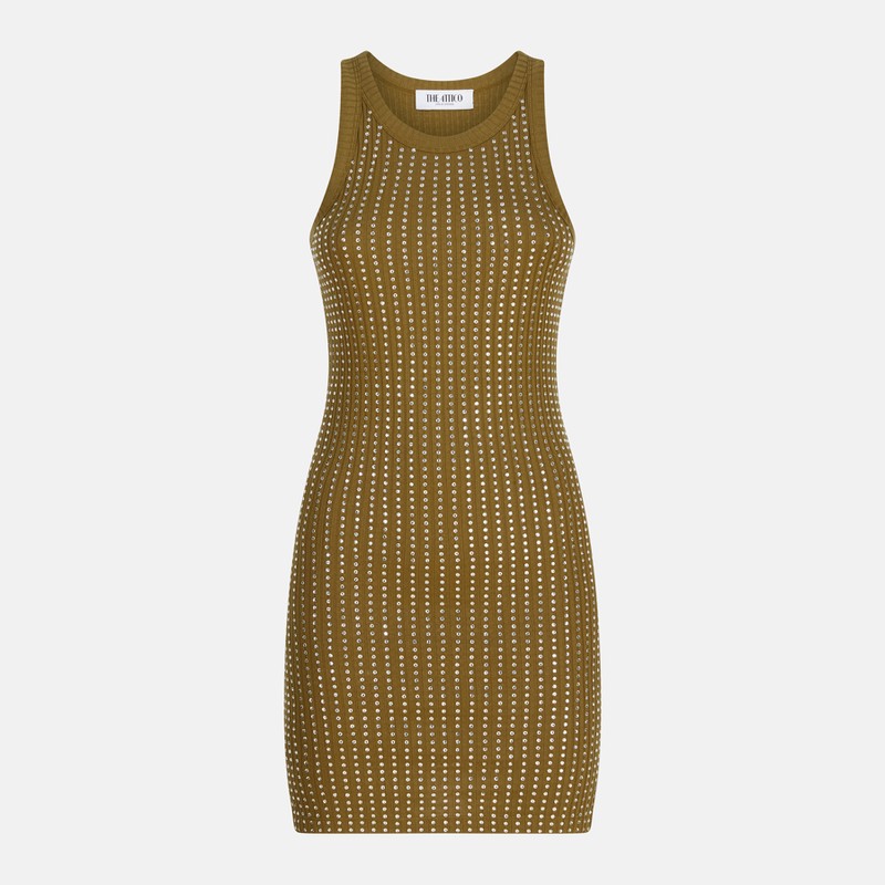 The Attico Military Green Mini Dress With Rhinestones