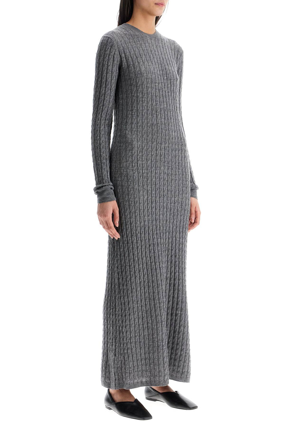 Toteme Long Dress In RWS Wool Gray Mélange With Cable Knit