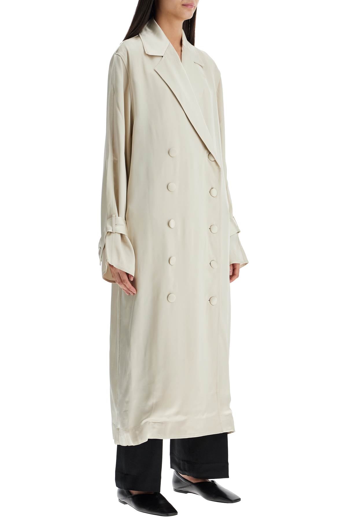 Toteme Long White Satin Trench Coat In Viscose