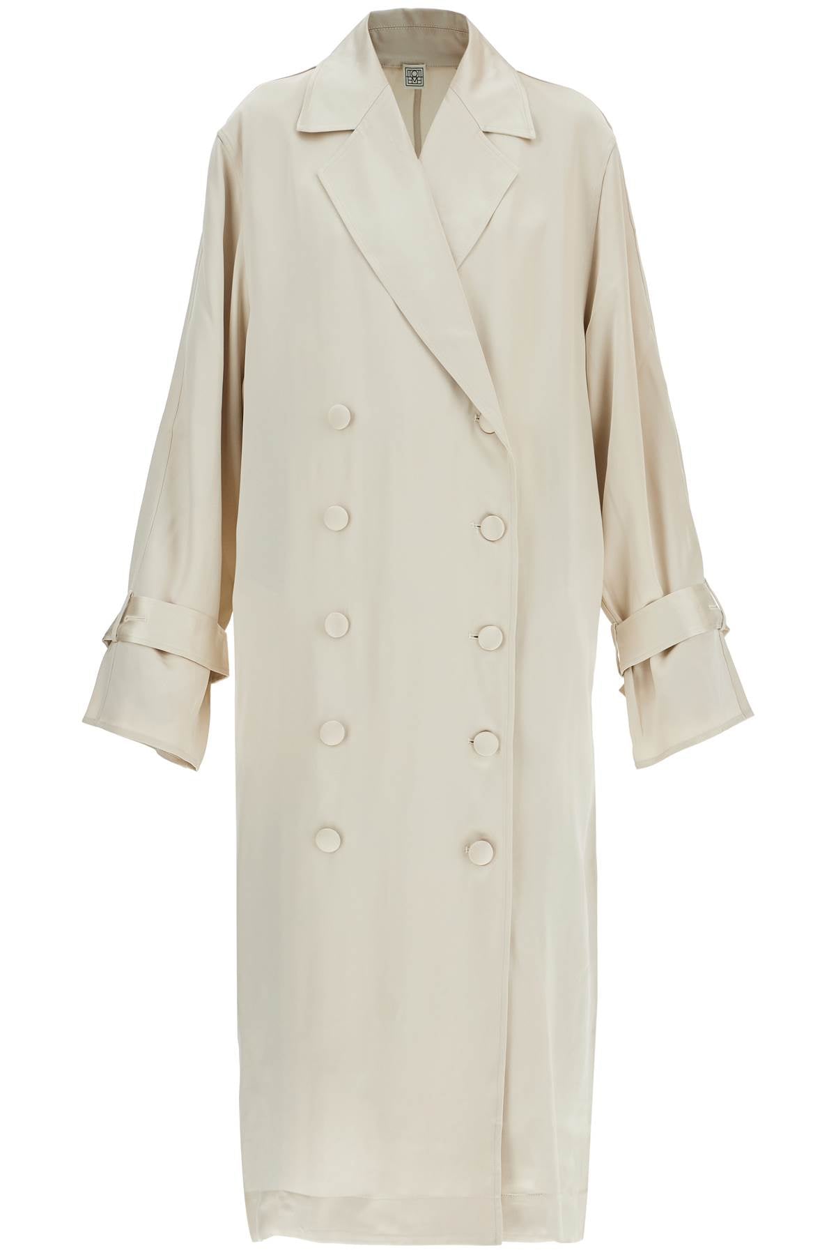 Toteme Long White Satin Trench Coat In Viscose