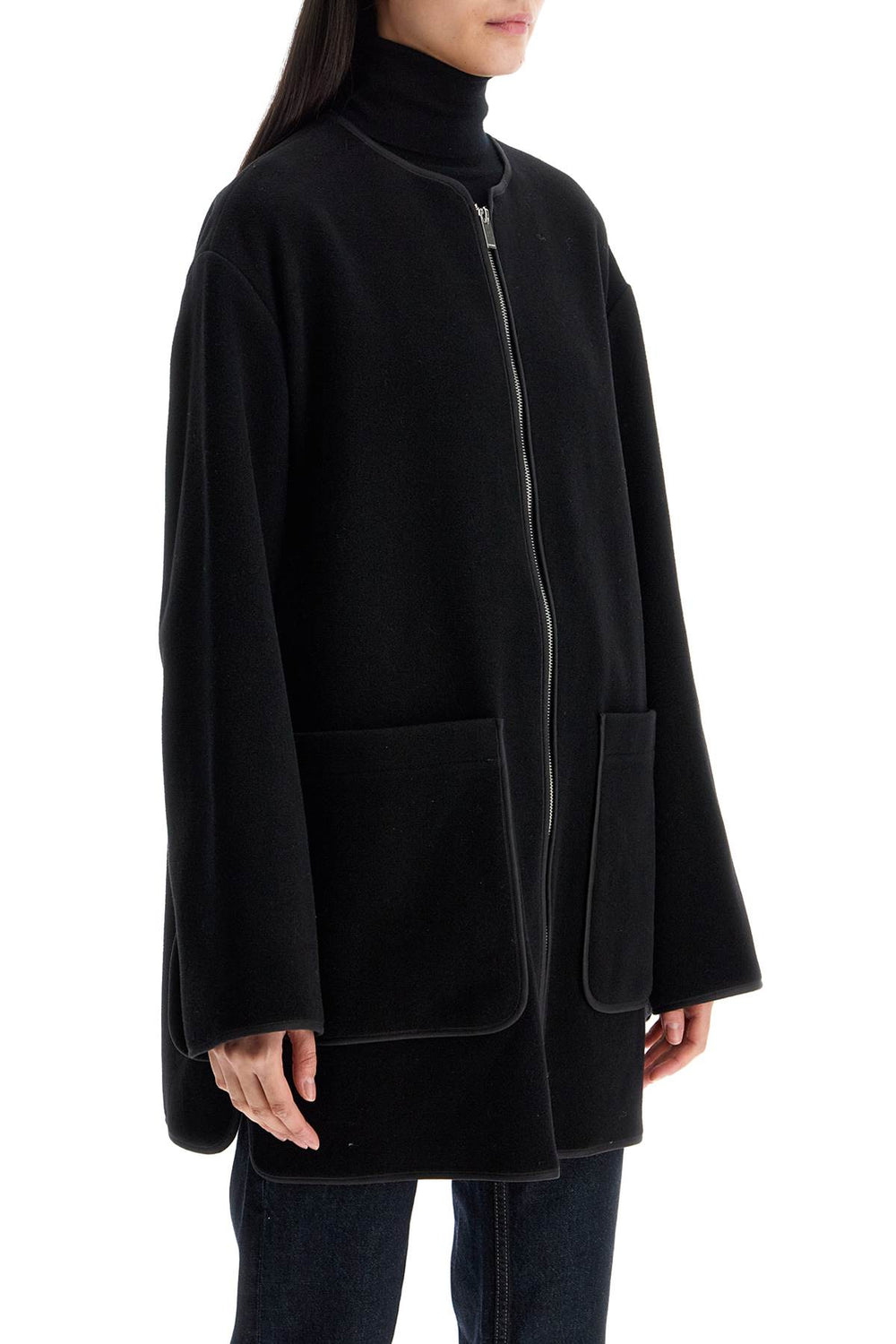 Toteme Black Wool Felt High Collar Jacket With Zip