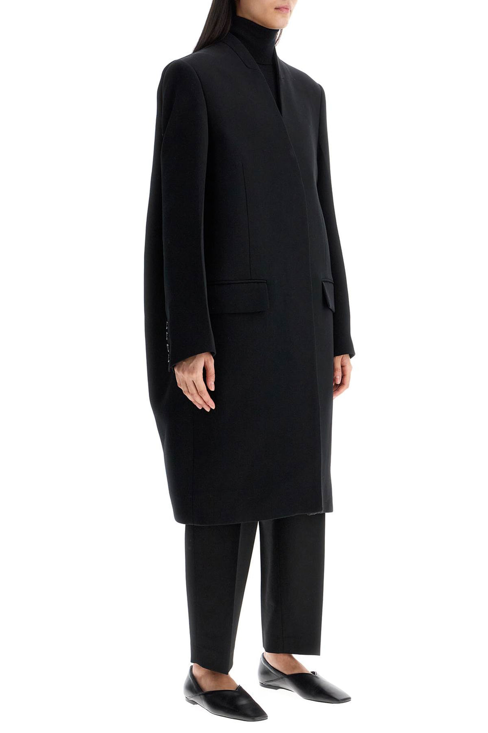 Toteme Black High Collar Wide Coat In Viscose And Wool