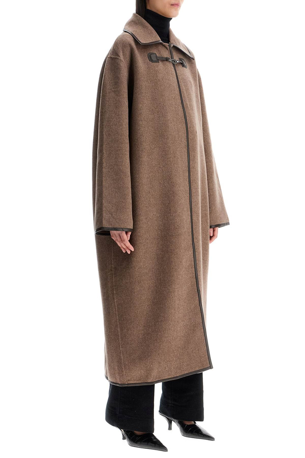 Toteme Oversized Brown Wool Long Coat With Minimalist Double Clasp