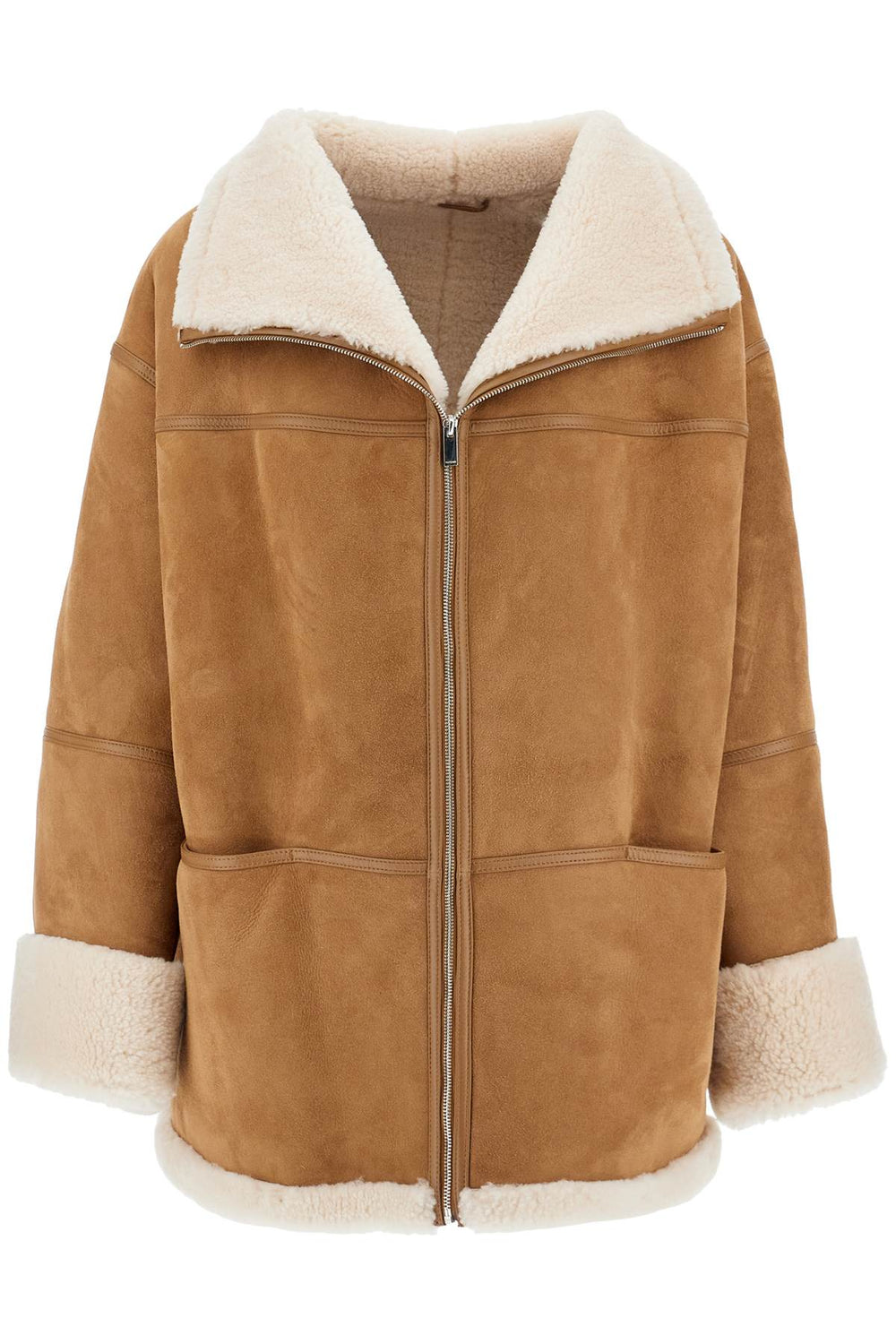 Toteme Biscuits Shearling Lamb Leather Jacket With Wide Collar