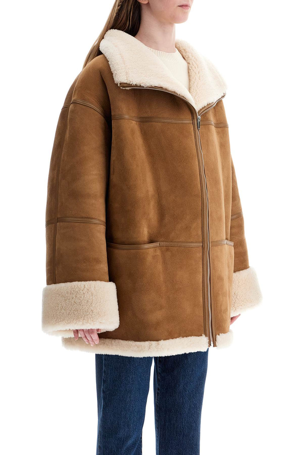 Toteme Biscuits Shearling Lamb Leather Jacket With Wide Collar