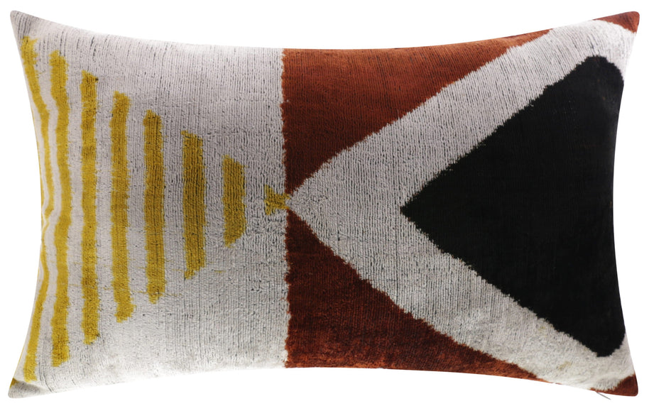 Handmade Silk Velvet Geometric Throw Pillow - 16x24, Black, Gold, And Rust Brown Modern Design With Down Feather Insert