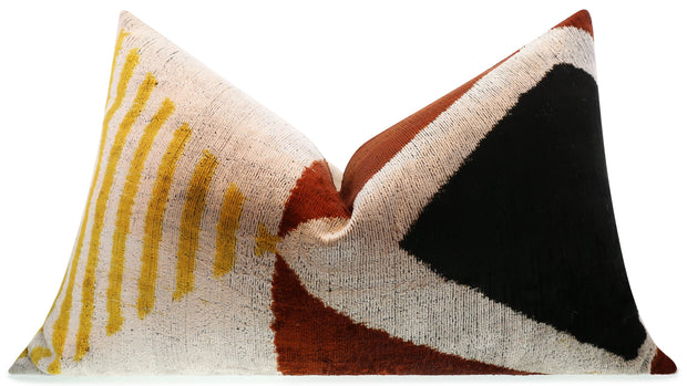 Handmade Silk Velvet Geometric Throw Pillow - 16x24, Black, Gold, And Rust Brown Modern Design With Down Feather Insert