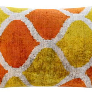 Handmade Fall Silk Velvet Throw Pillow - 16x24, Orange And Yellow Geometric Design With Down Feather Insert