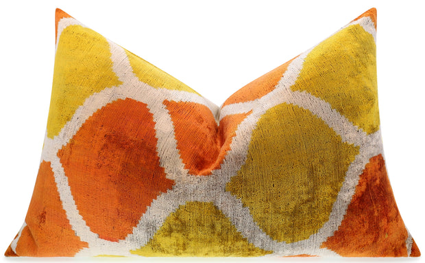 Handmade Fall Silk Velvet Throw Pillow - 16x24, Orange And Yellow Geometric Design With Down Feather Insert