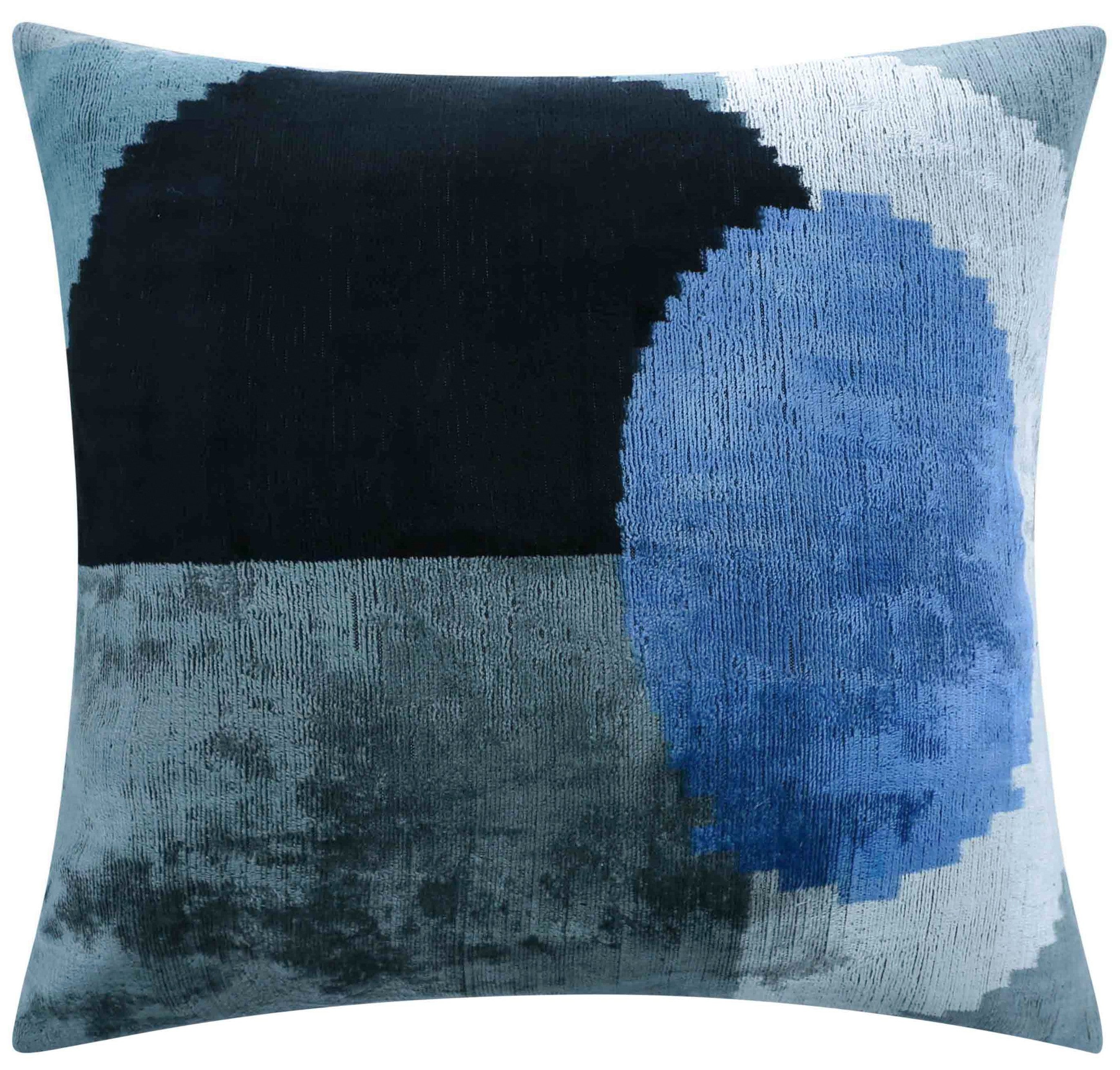 Handmade Silk Velvet Abstract Throw Pillow - 20x20, Modern Blue, Black, And Gray Design With Down Feather Insert