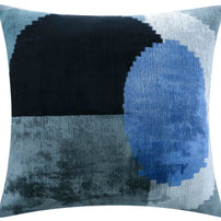 Handmade Silk Velvet Abstract Throw Pillow - 20x20, Modern Blue, Black, And Gray Design With Down Feather Insert