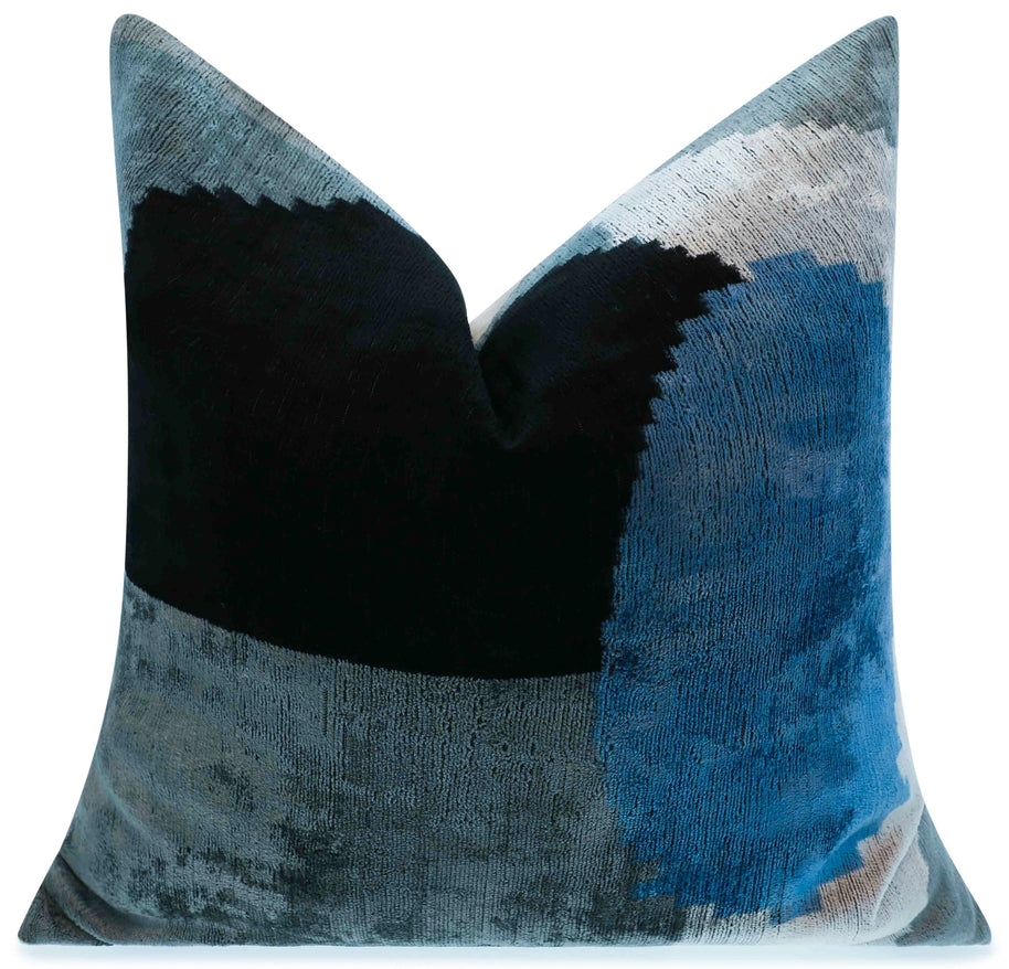 Handmade Silk Velvet Abstract Throw Pillow - 20x20, Modern Blue, Black, And Gray Design With Down Feather Insert