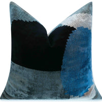 Handmade Silk Velvet Abstract Throw Pillow - 20x20, Modern Blue, Black, And Gray Design With Down Feather Insert