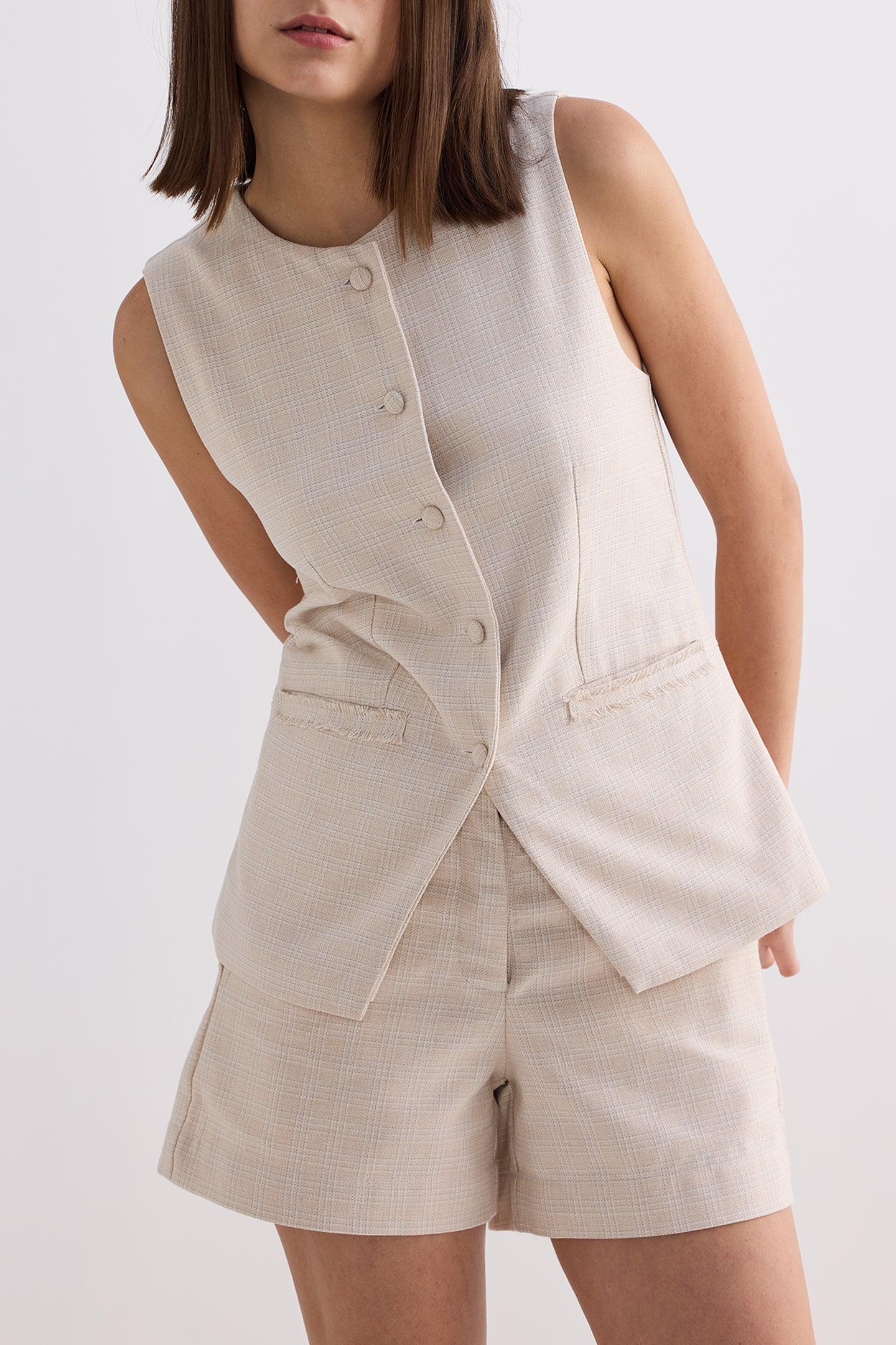 Reistor Cotton Tweed Vest Jacket Set In Cream