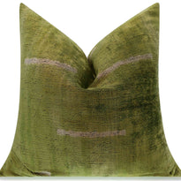 Handmade Silk Velvet Minimalist Throw Pillow - 20x20, Green With White Accent Lines, Down Feather Insert