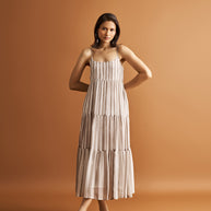 Reistor Strappy Tiered Maxi Dress in Beige Stripes