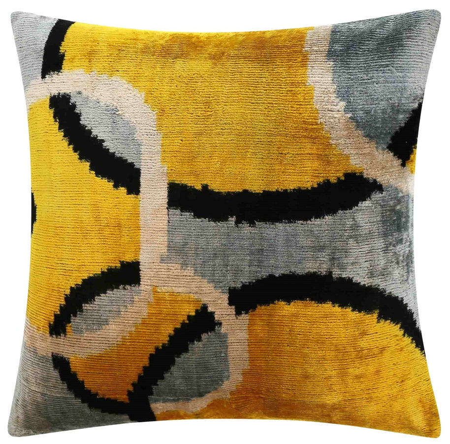 Luxurious 16x16 Silk Velvet Geometric Throw Pillow In Yellow And Gray – Down Feather Insert