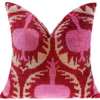 Handmade Silk Velvet Throw Pillow - 16x16, Red And Pink Traditional Design With Down Feather Insert