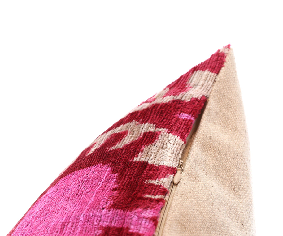 Handmade Silk Velvet Throw Pillow - 16x16, Red And Pink Traditional Design With Down Feather Insert