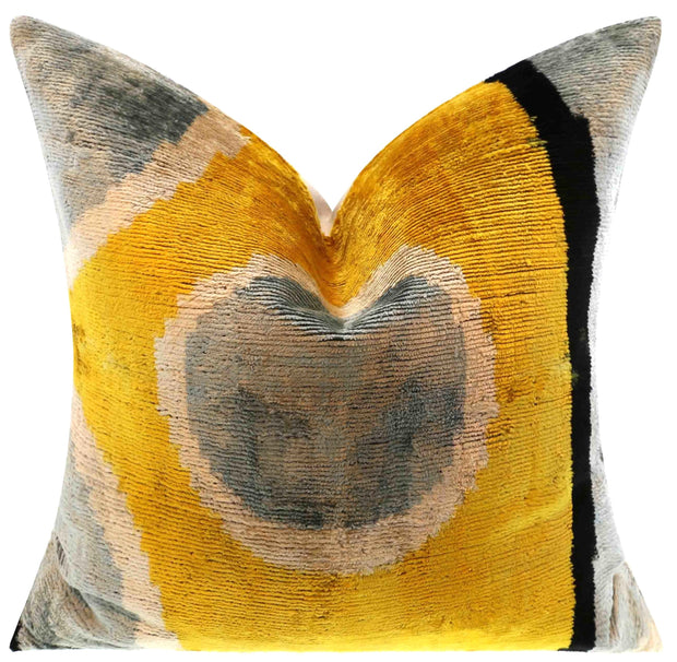 Handmade 16x16 Silk Velvet Geometric Throw Pillow In Gold And Gray – Luxury Down Feather Insert