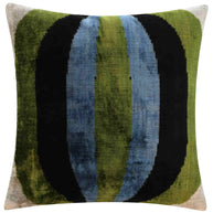 Handmade Silk Velvet Striped Throw Pillow - 16x16, Bold Green, Blue, And Black Design With Down Feather Insert