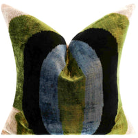 Handmade Silk Velvet Striped Throw Pillow - 16x16, Bold Green, Blue, And Black Design With Down Feather Insert