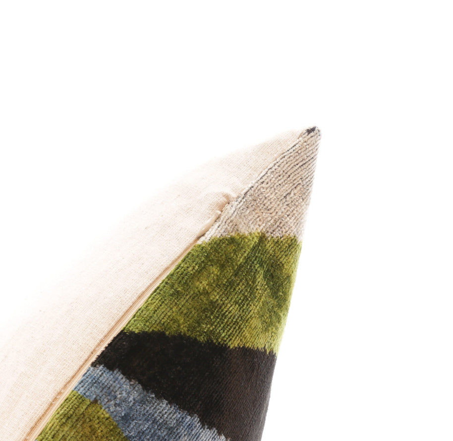 Handmade Silk Velvet Striped Throw Pillow - 16x16, Bold Green, Blue, And Black Design With Down Feather Insert